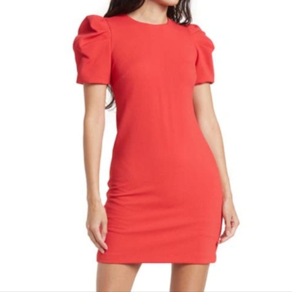 Calvin Klein Petite Women's Red/Pink Textured Puff Sleeve Dress - Picture 1 of 8